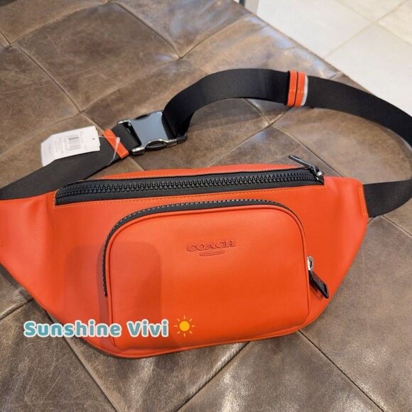 NWT COACH CT754 Racer Belt Bag In Smooth Leather Gunmetal/Deep Orange - Picture 1 of 7